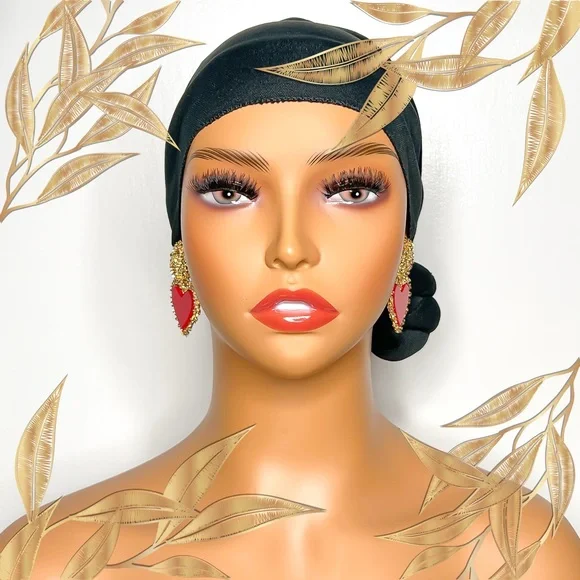 ❀ Chunky Gold & Red Valentines Heart Drop Pierced Earrings - Picture 3 of 5